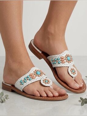Jack Rogers White Leather Orange & Aqua Embellished Sandals